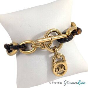Michael Kors Faux Tortoise Shell MK Toggle Link Gold Tone Bracelet